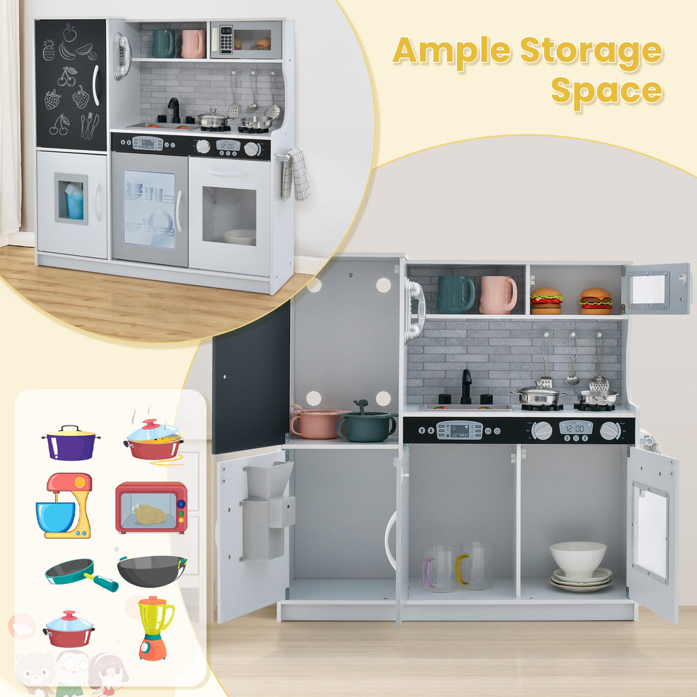 Toddler pretend play kitchen in white with ample storage, removable sink, and realistic appliances for imaginative play.