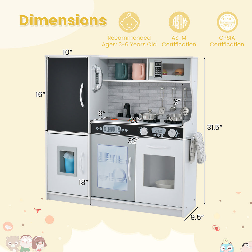 Toddler pretend play kitchen in white with removable sink, stove, and accessories for kids aged 3-6 years old.