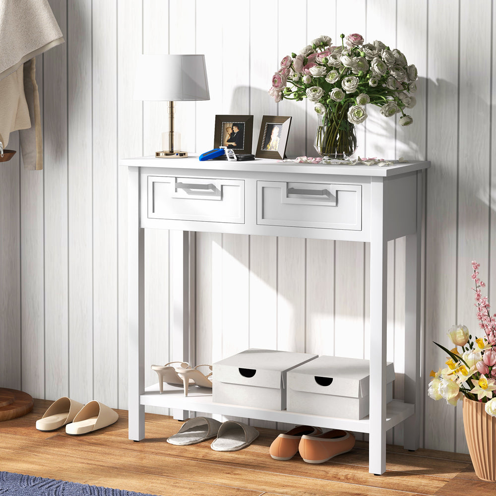 Narrow Console Table with Drawers and Open Storage Shelf-White - Gallery View 1 of 10