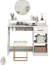 White desk showcasing a large tabletop, adjustable shelf, and USB ports, ideal for versatile home office setups.