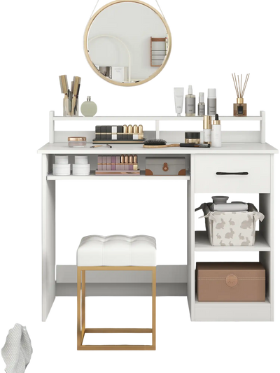 Costway White Home Office Desk with Charging Station & Adjustable Shelf 649215837 New