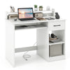 White desk with charging station, adjustable shelf, and storage drawer, perfect for home office organization.