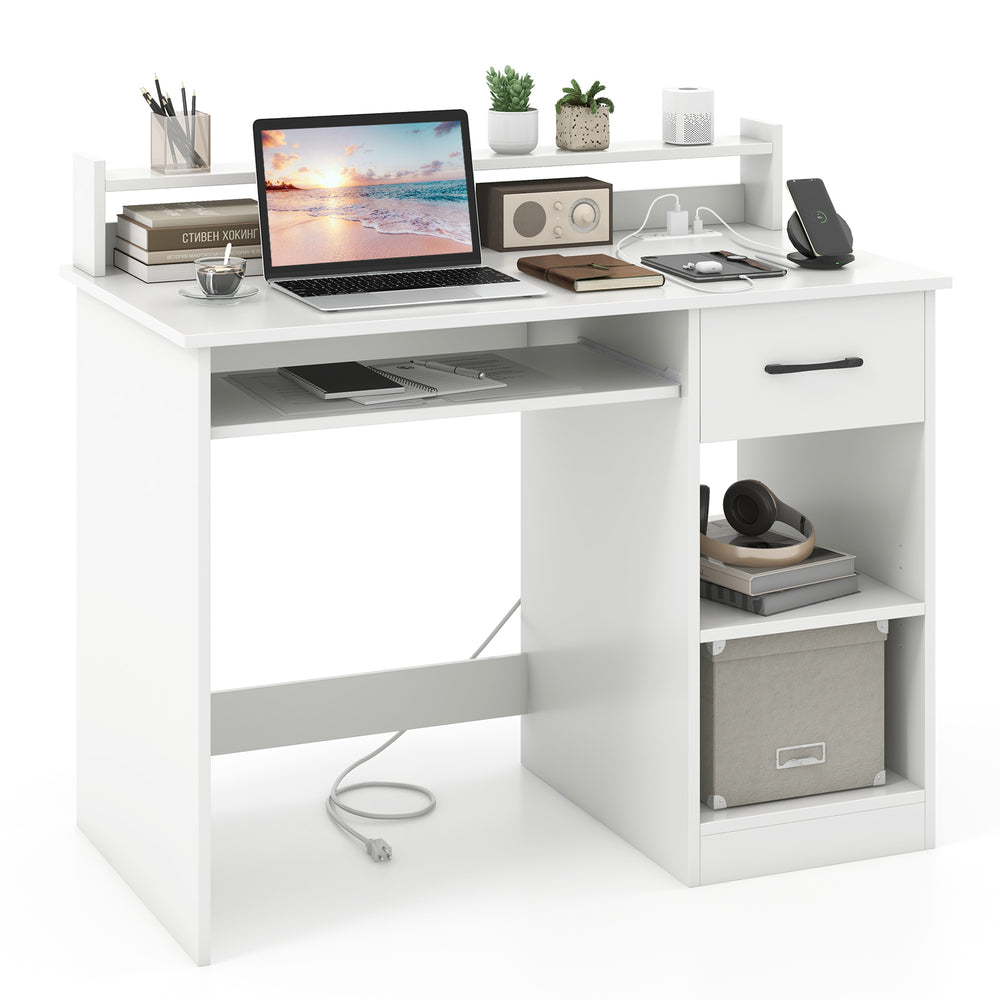 White desk with charging station, adjustable shelf, and storage drawer, perfect for home office organization.
