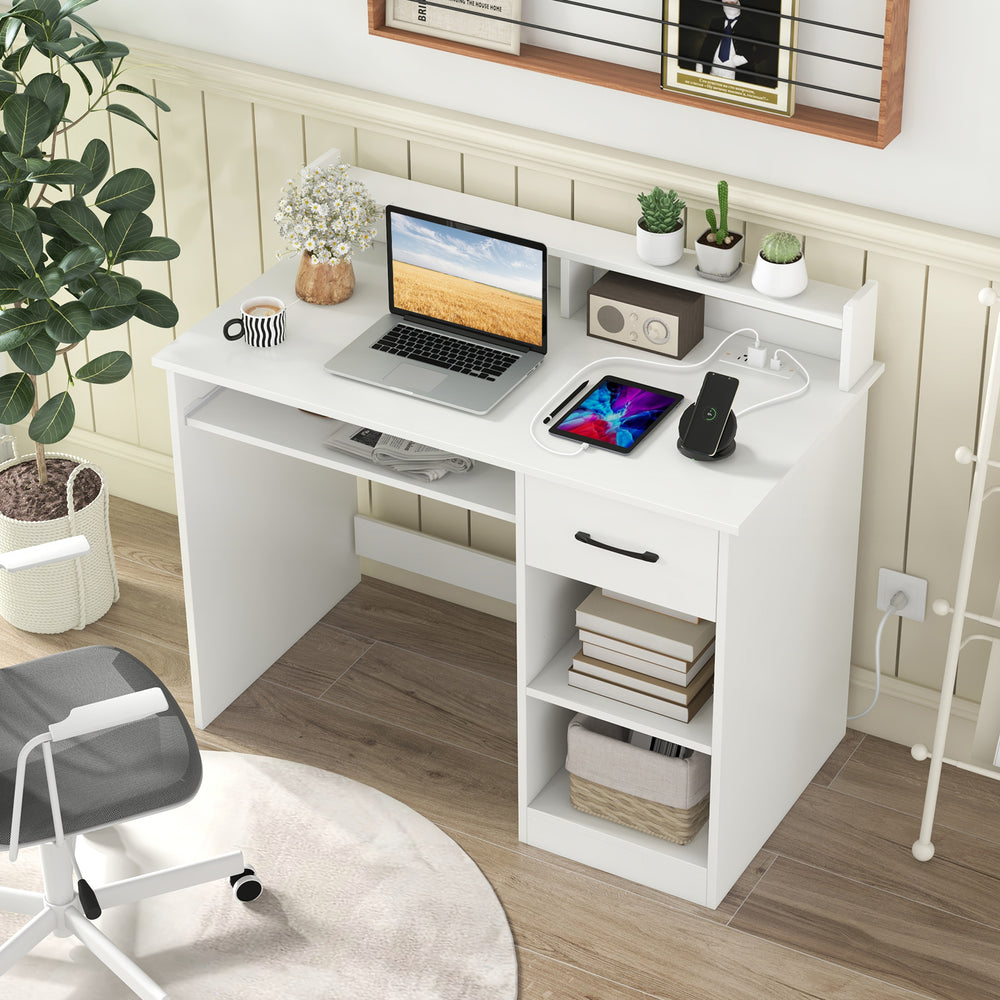 White desk with a large surface and two AC outlets, featuring an adjustable shelf for customized home office storage.