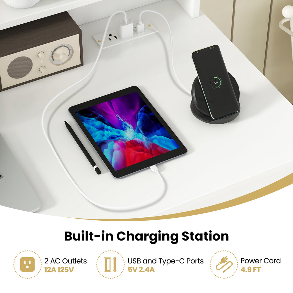 White desk featuring a built-in charging station with 2 AC outlets and USB ports, ideal for home office organization.