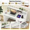 White desk with charging station, adjustable shelf, keyboard tray, and storage drawer for home office organization.