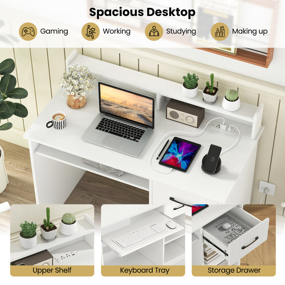 White desk with charging station, adjustable shelf, keyboard tray, and storage drawer for home office organization.