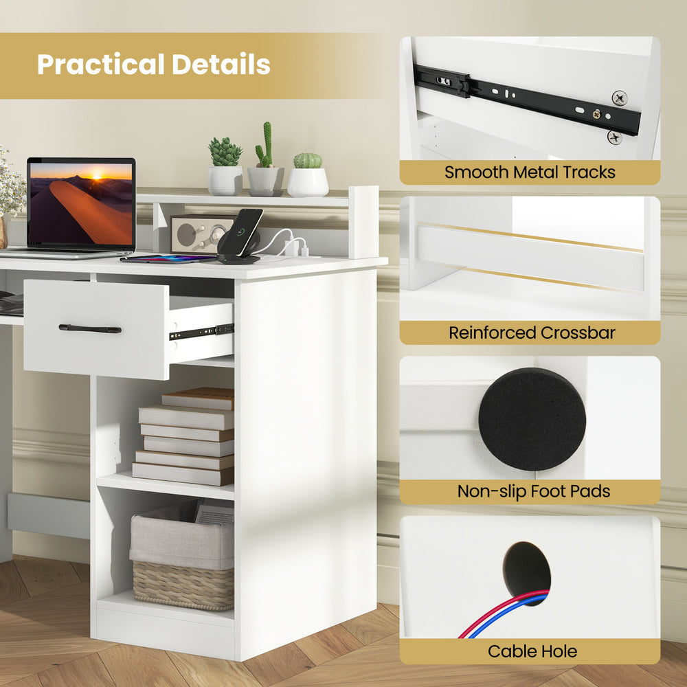 White desk with charging station, adjustable shelf, and smooth metal tracks for home office convenience.