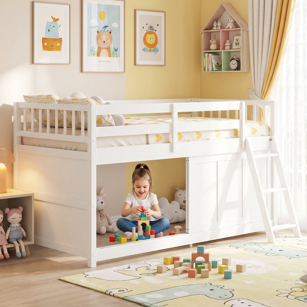 Twin size loft bed in white with a sturdy wood structure, featuring an enclosed storage cabinet and an inclined ladder for easy access.