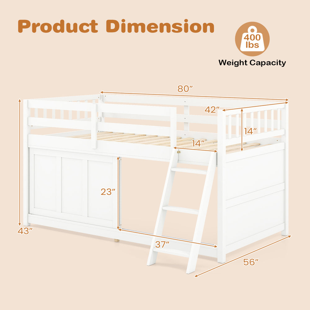 Dimensions of the twin size loft bed in white, showcasing its sturdy structure, storage cabinet, and inclined ladder design.