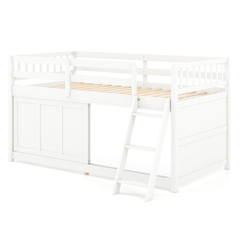 Twin size loft bed in white with solid wood structure, sliding door storage, and safety guardrail for versatile use.