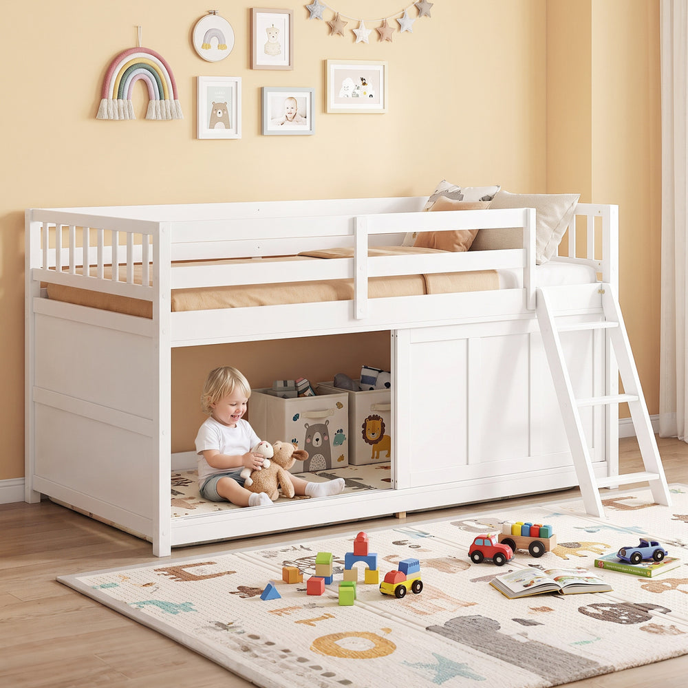 Twin size loft bed in white with solid wood structure, enclosed storage, and inclined ladder for safe access.