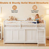 Twin size loft bed with solid pine posts, 14 plywood slats, and an enclosed storage cabinet for versatile use.