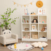 Modern 9-cube bookcase in white with toys and books, ideal for kids' rooms and promoting organization.