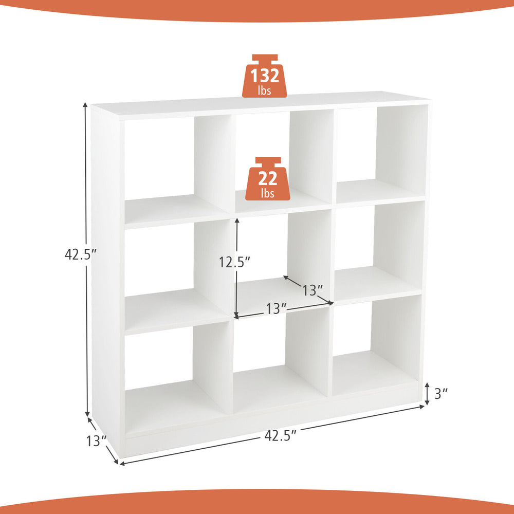 Modern 9-cube bookcase in white, featuring 4 tiers and anti-tipping kits, ideal for organizing books and toys.