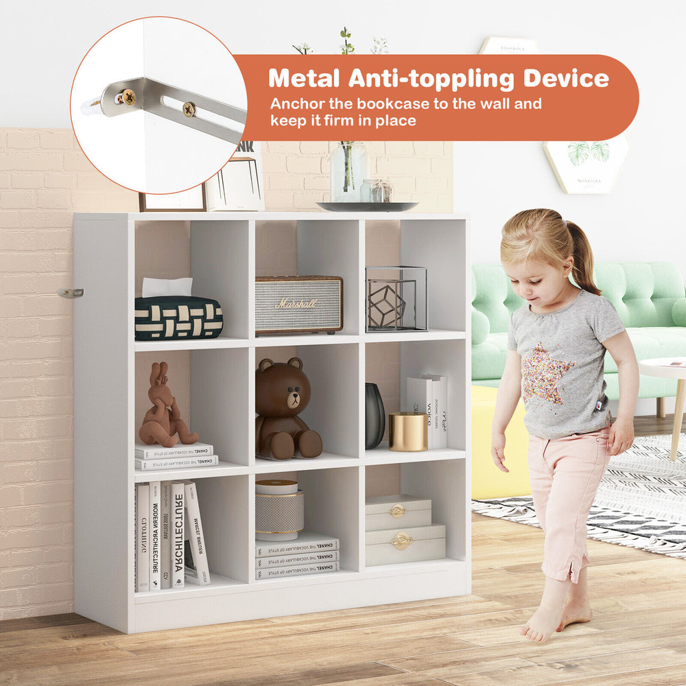 Modern 9-cube bookcase in white with anti-tipping device, ideal for organizing toys and books in kids' rooms.