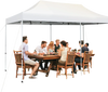 Outdoor pop-up patio folding canopy tent in white, providing sun protection for gatherings of 16-20 people.