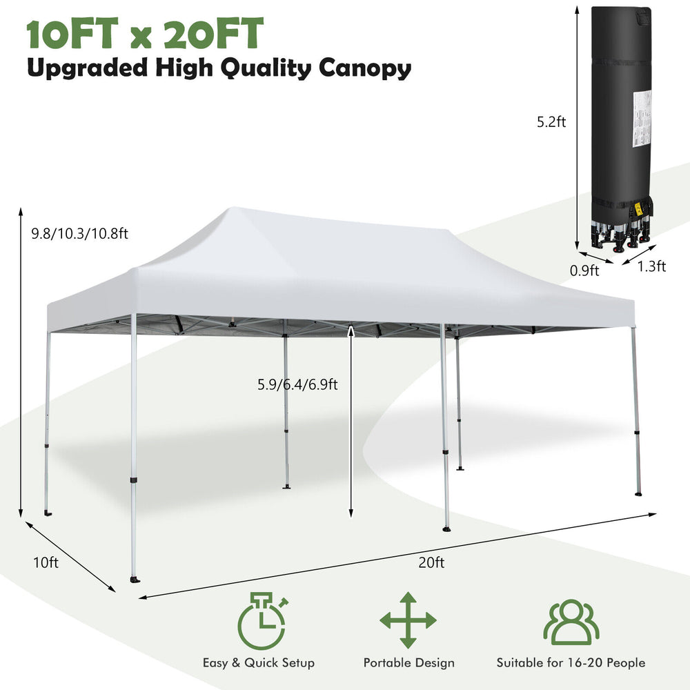 10x20 feet outdoor pop-up patio folding canopy tent in white, featuring a heavy-duty metal frame and easy setup for.
