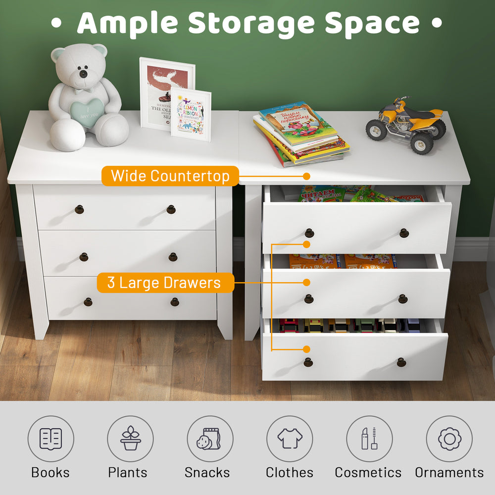 White 3 drawer dresser chest with wide countertop and large drawers, ideal for organizing clothes and essentials.