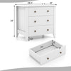 Three-drawer white dresser chest with smooth surface and modern design, ideal for bedroom storage and organization.