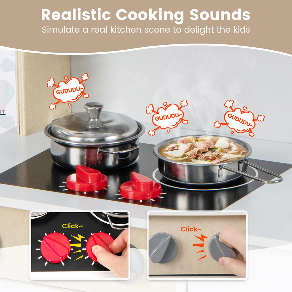 Wooden pretend play kitchen set for toddlers featuring realistic cooking sounds, removable sink, and interactive knobs.