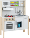 Wooden pretend play kitchen set for toddlers in white with microwave, oven, sink, and cooking accessories for.