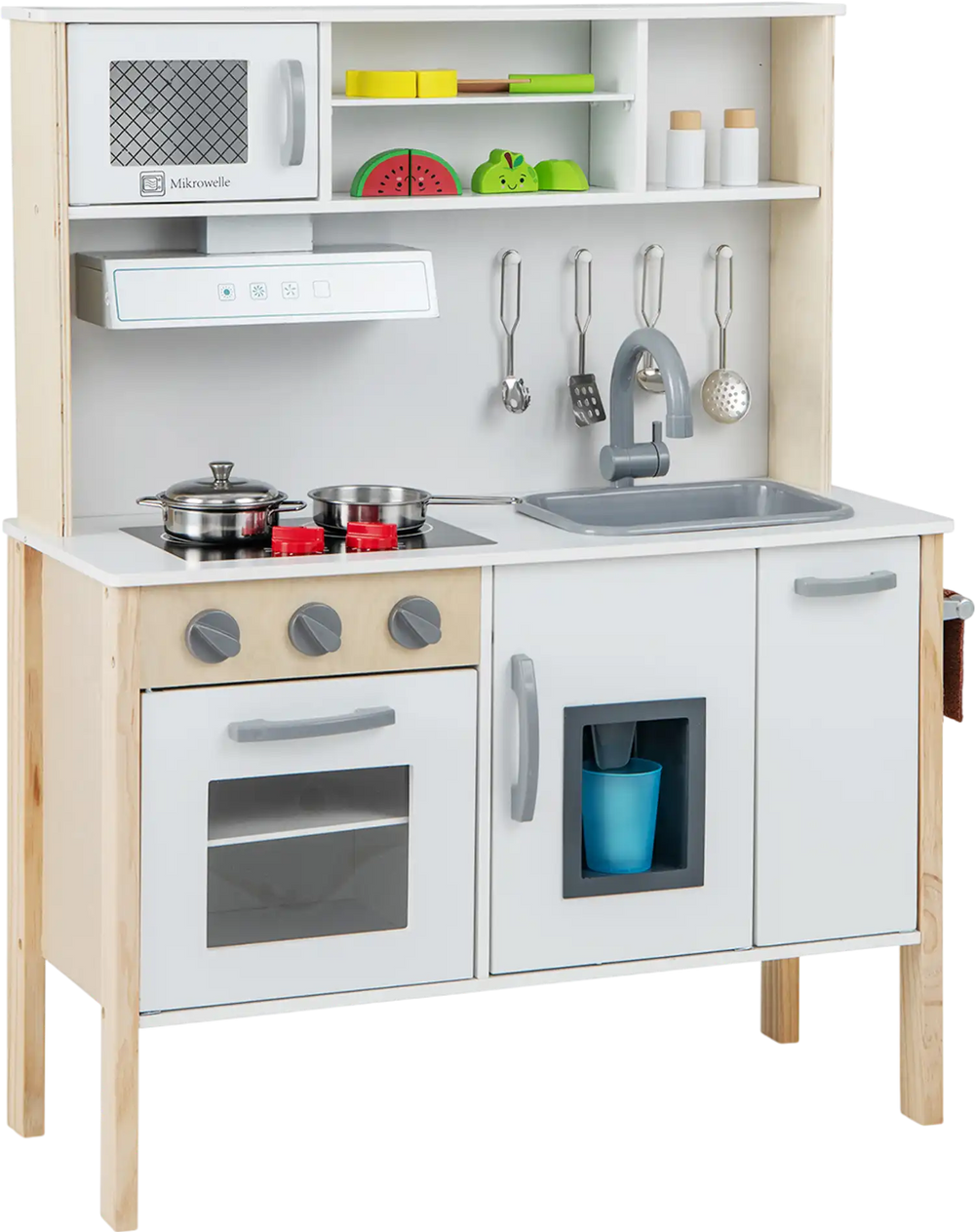 Wooden pretend play kitchen set for toddlers in white with microwave, oven, sink, and cooking accessories for.