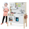 Wooden pretend play kitchen set for toddlers in white, featuring a microwave, oven, and removable sink for imaginative.