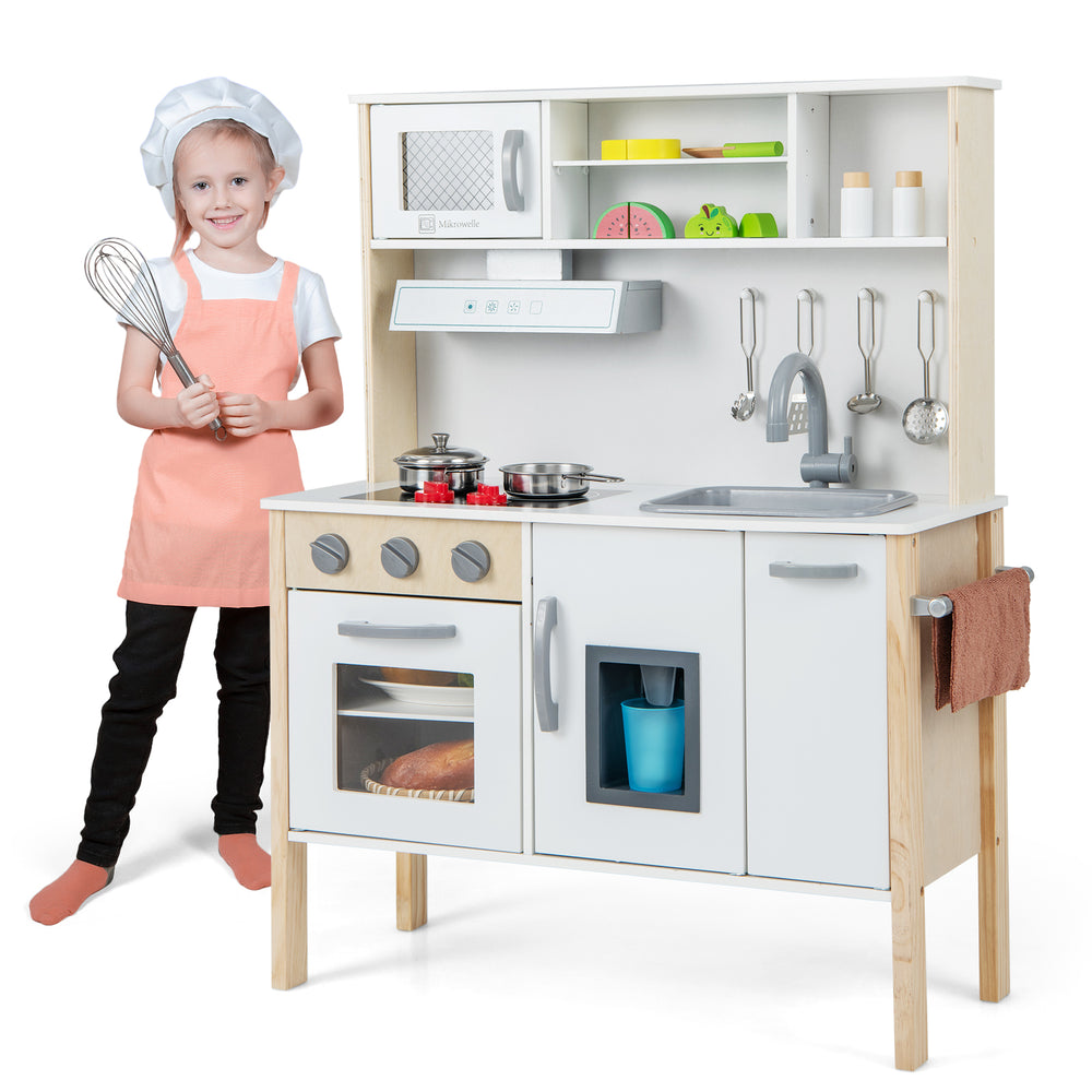 Wooden pretend play kitchen set for toddlers in white, featuring a microwave, oven, and removable sink for imaginative.