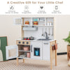 Wooden pretend play kitchen set for toddlers in white, showcasing a realistic gas stove and interactive knobs for.