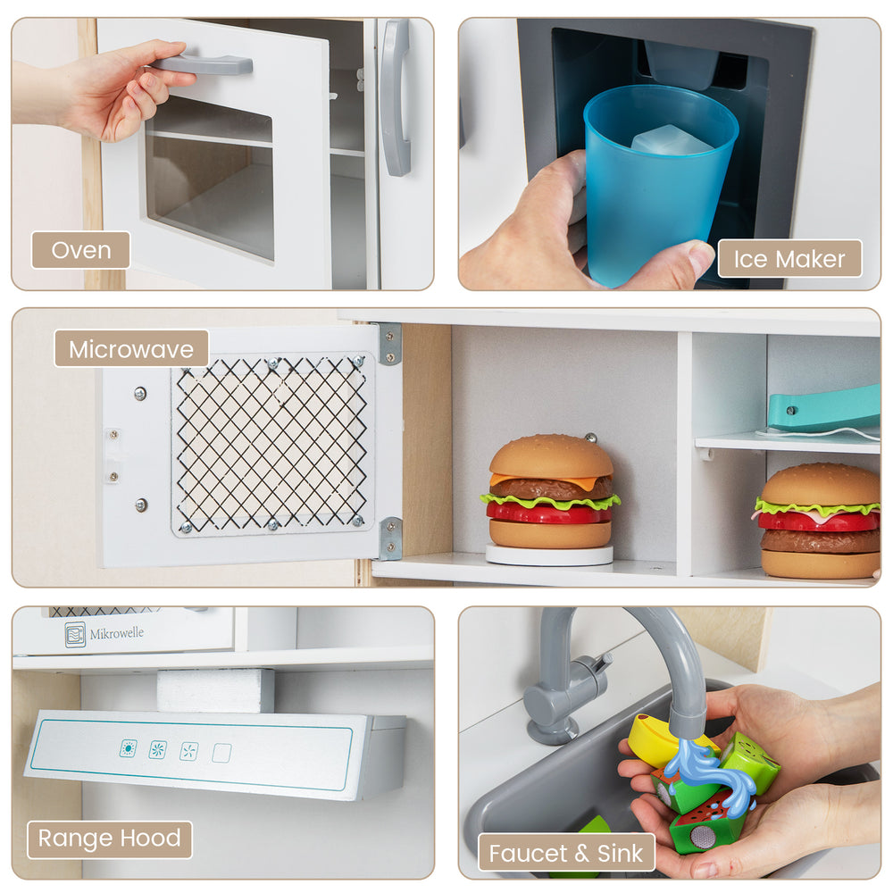 Wooden pretend play kitchen set for toddlers featuring a microwave, oven, sink, and ice maker for imaginative play.