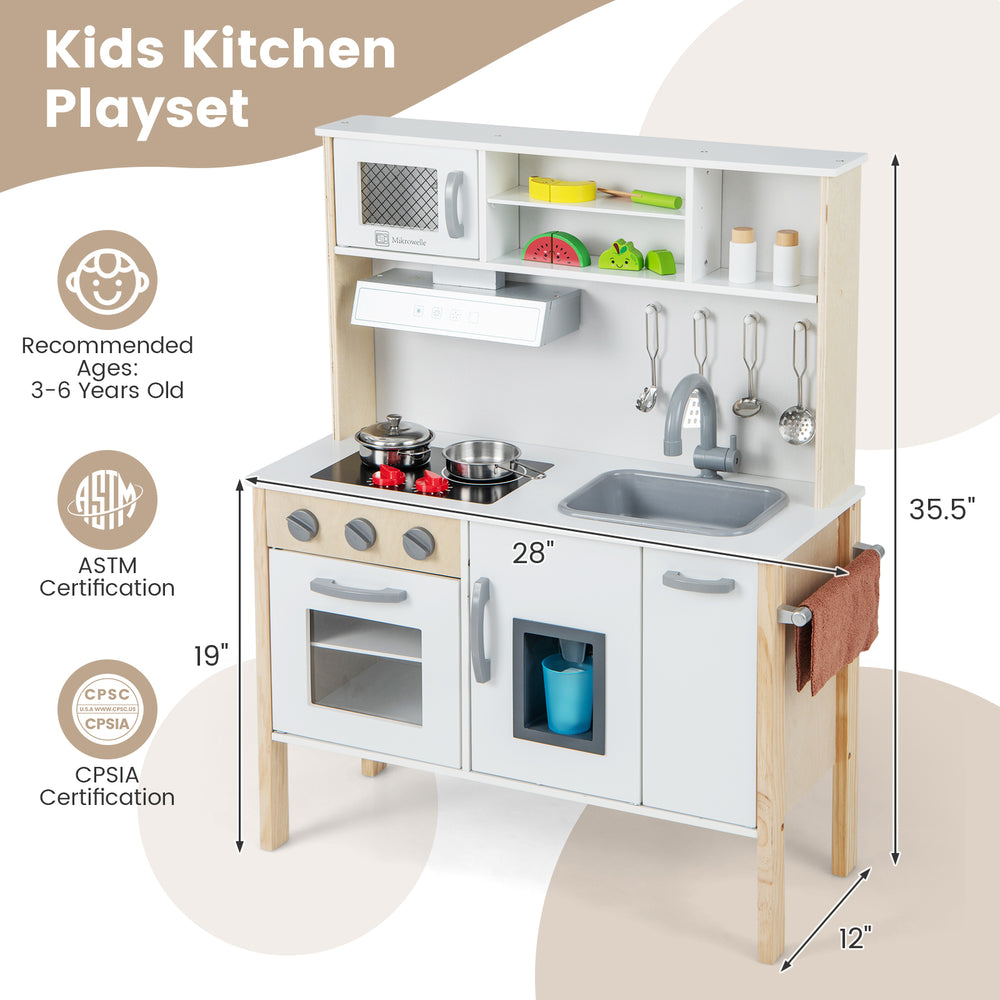 Wooden pretend play kitchen set for toddlers in white, featuring a sink, oven, and storage for imaginative play.
