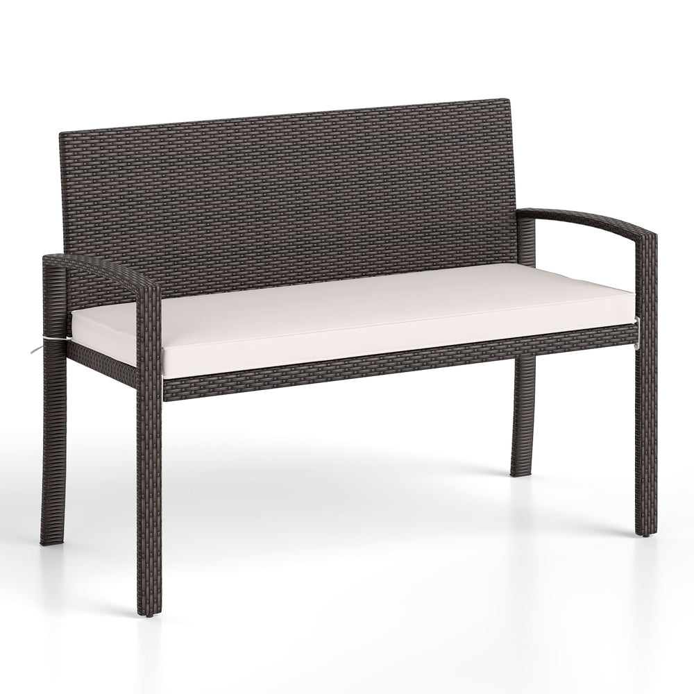 Wicker 2-seat bench with soft cushion, handcrafted PE rattan, and metal frame, ideal for outdoor patios and gardens.