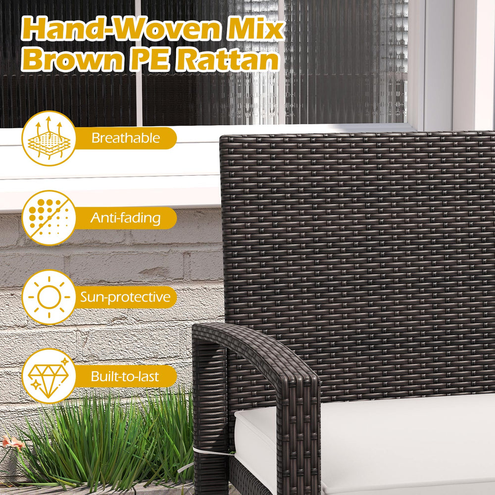 Hand-woven brown PE rattan backrest of a 2-seat bench with soft cushion, ideal for outdoor patios and gardens.