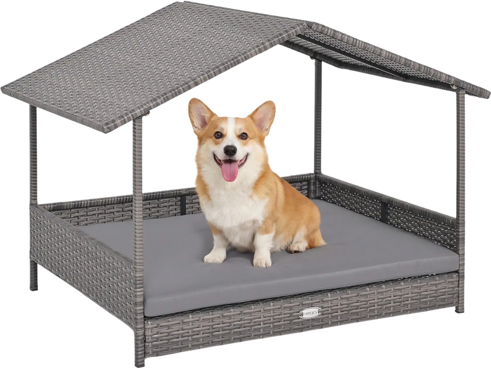 Wicker dog house with canopy in gray, featuring a raised bottom and removable cushion for small to medium pets.