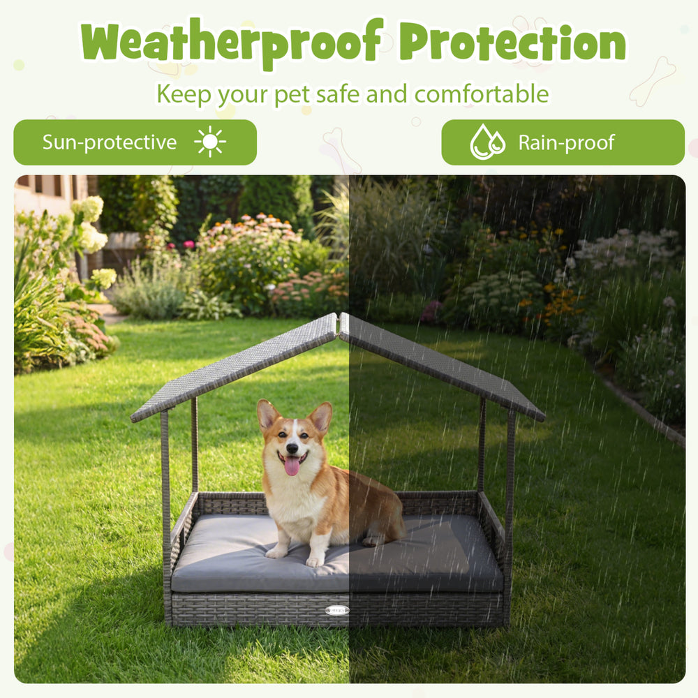 Wicker dog house with canopy in gray, offering weatherproof protection for small to medium pets in outdoor settings.