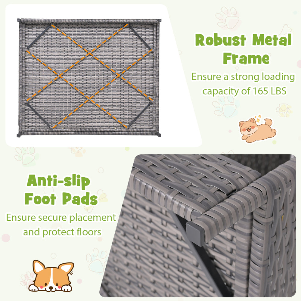 Elevated gray PE rattan dog bed with canopy, robust metal frame, and anti-slip foot pads for secure outdoor use.