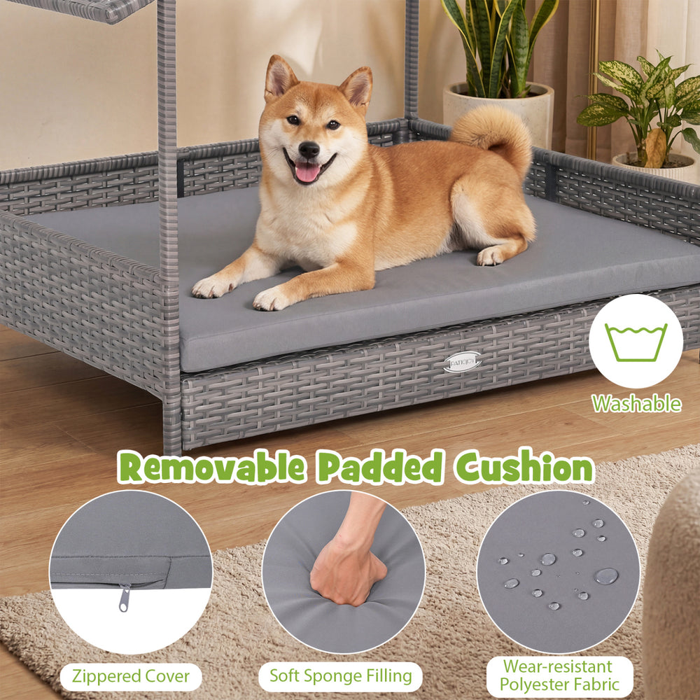 Elevated gray PE rattan dog bed with removable padded cushion, perfect for indoor and outdoor relaxation.