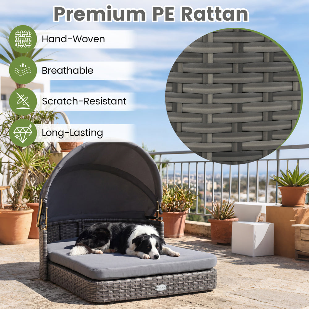 Wicker dog house with adjustable canopy and detachable cushions, made of hand-woven PE rattan for outdoor comfort.