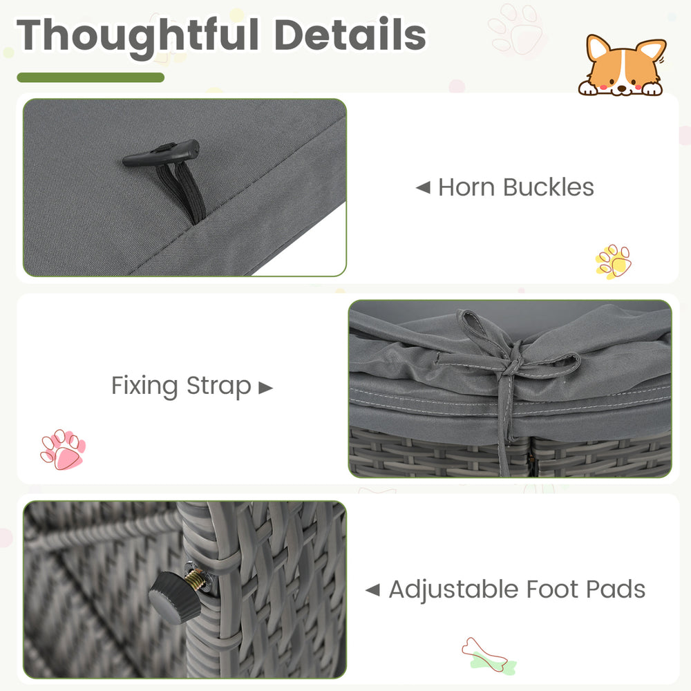 Wicker dog house in gray features an adjustable canopy, detachable cushions, and anti-slip foot pads for stability.
