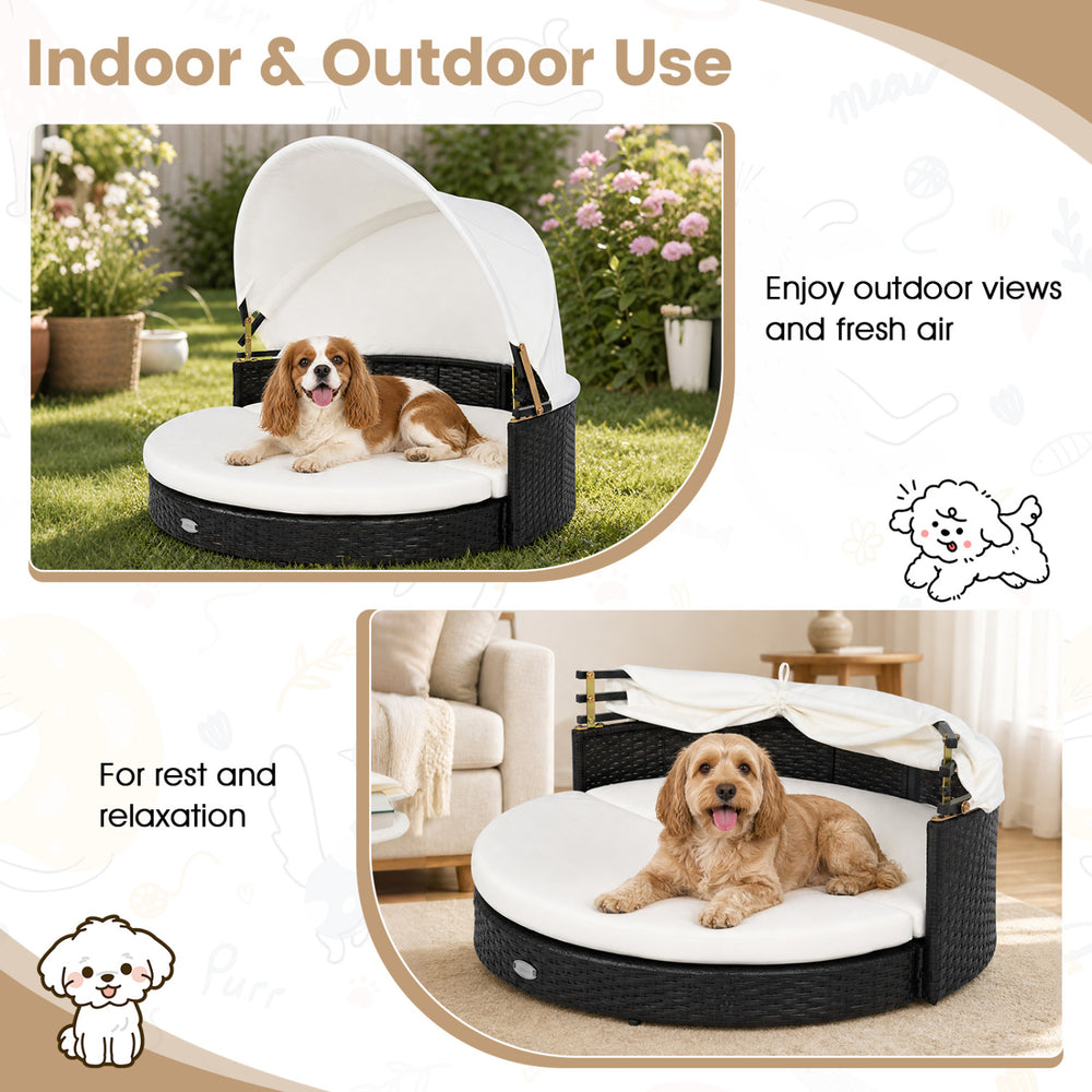Wicker dog house with a soft, removable cushion and retractable canopy, designed for comfort indoors and outdoor shade.