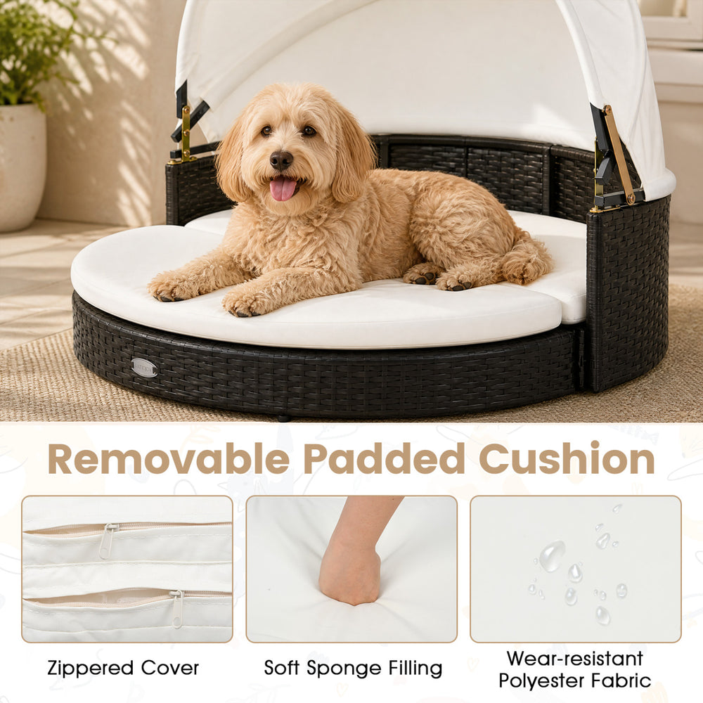 Wicker dog house with retractable canopy and removable padded cushion, ideal for indoor and outdoor relaxation.