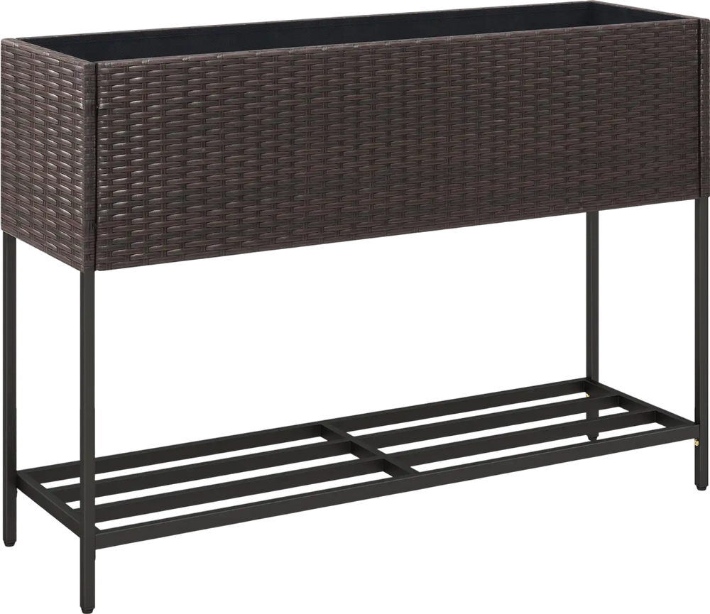Wicker raised garden bed with storage shelf, made of durable PE rattan, ideal for flowers and herbs with drainage gaps.
