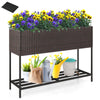 Wicker raised garden bed with storage shelf, featuring drainage gaps, for growing flowers and easy access to gardening.
