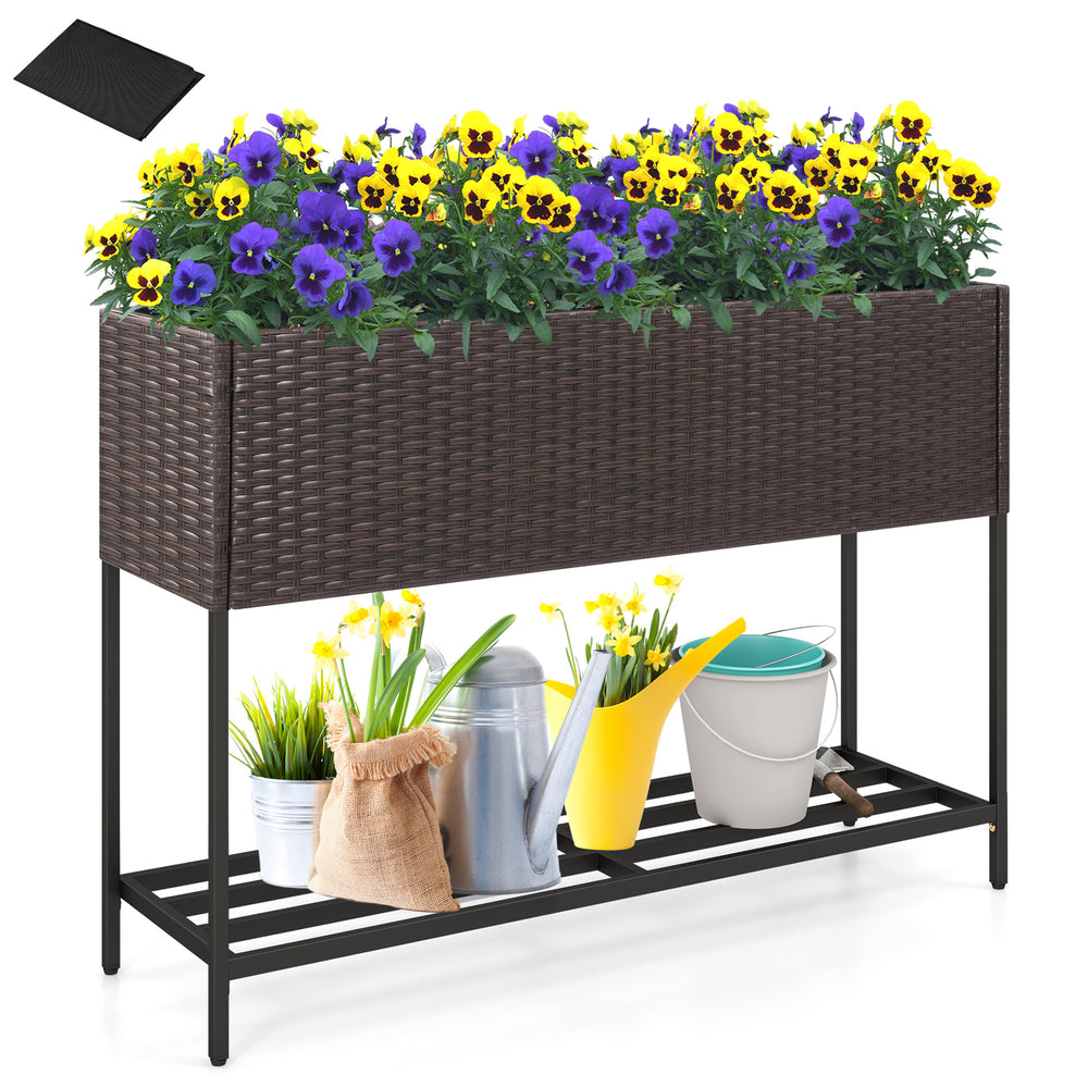 Wicker raised garden bed with storage shelf, featuring drainage gaps, for growing flowers and easy access to gardening.