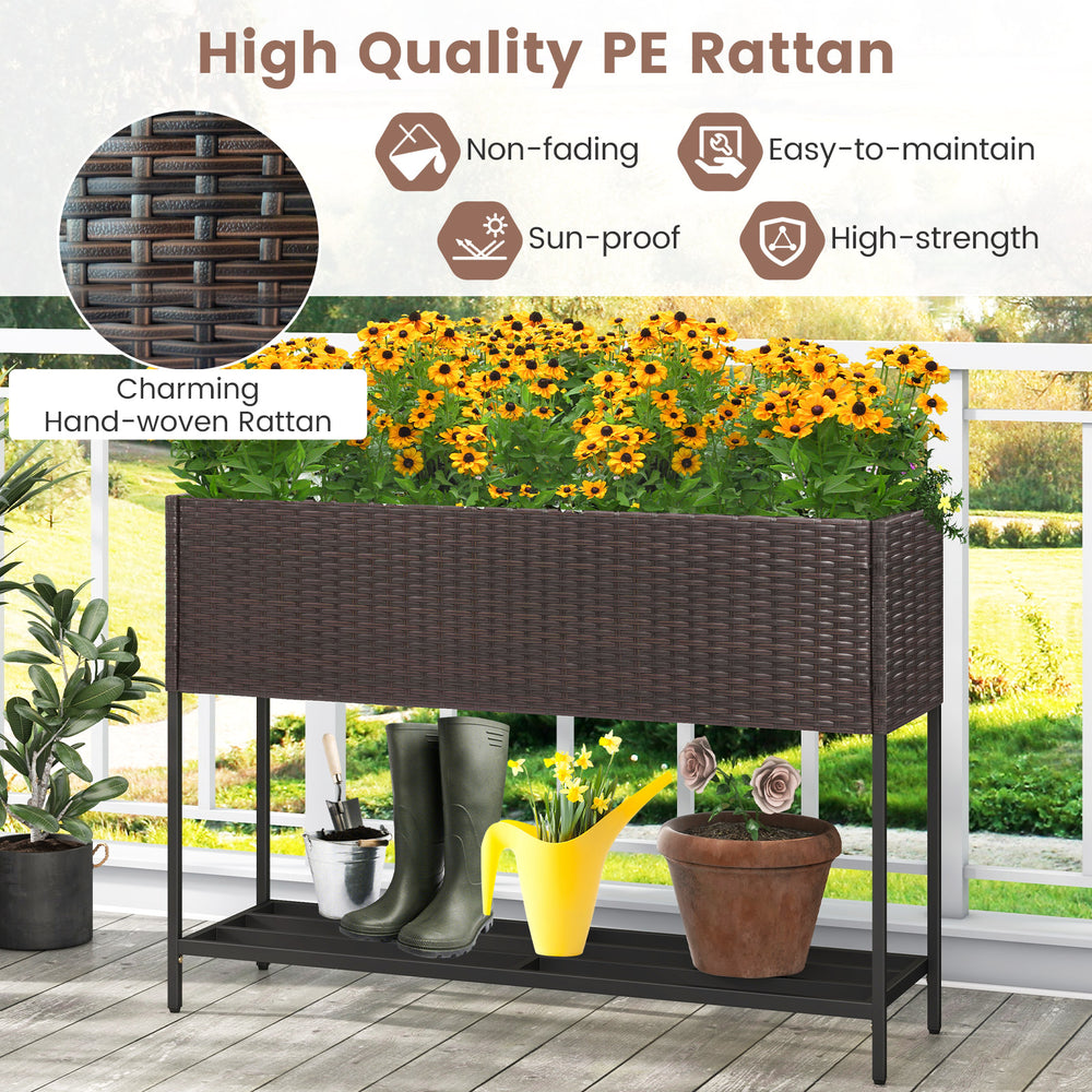 Wicker raised garden bed with storage shelf, made of non-fading PE rattan, ideal for flowers and easy maintenance.