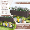 Wicker raised garden bed with storage shelf, featuring drainage gaps, ideal for growing flowers and vegetables.