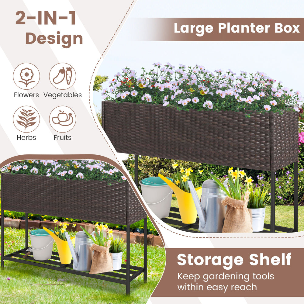 Wicker raised garden bed with storage shelf, featuring drainage gaps, ideal for growing flowers and vegetables.