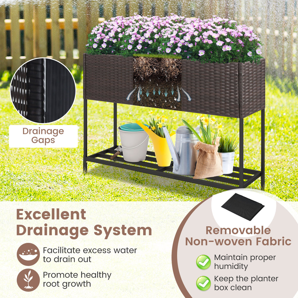 Wicker raised garden bed with drainage gaps, removable fabric, and storage shelf for easy gardening and flower growth.