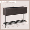Wicker raised garden bed with storage shelf, featuring drainage gaps, sturdy metal frame, and dimensions of 38"x12"x28".
